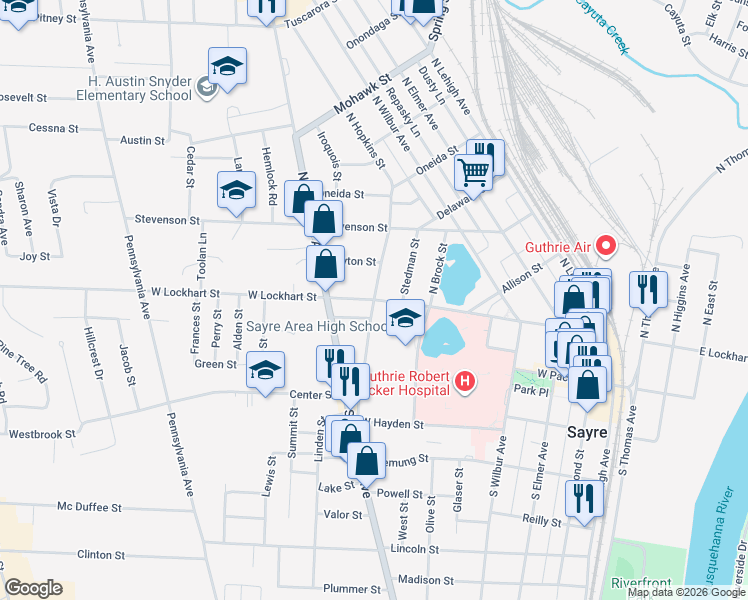 map of restaurants, bars, coffee shops, grocery stores, and more near 398 W Lockhart St in Sayre