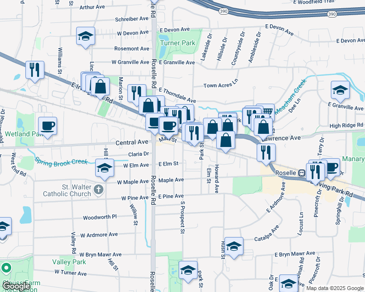 map of restaurants, bars, coffee shops, grocery stores, and more near 39 Main Street in Roselle