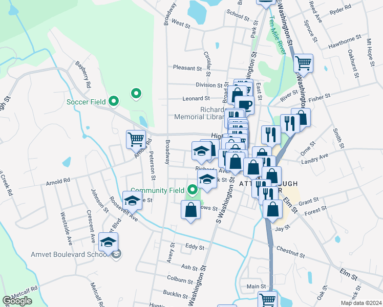map of restaurants, bars, coffee shops, grocery stores, and more near 65 Church Street in North Attleborough