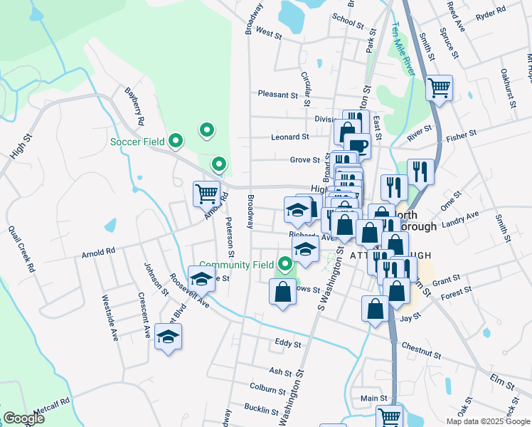 map of restaurants, bars, coffee shops, grocery stores, and more near 99 Church Street in North Attleborough