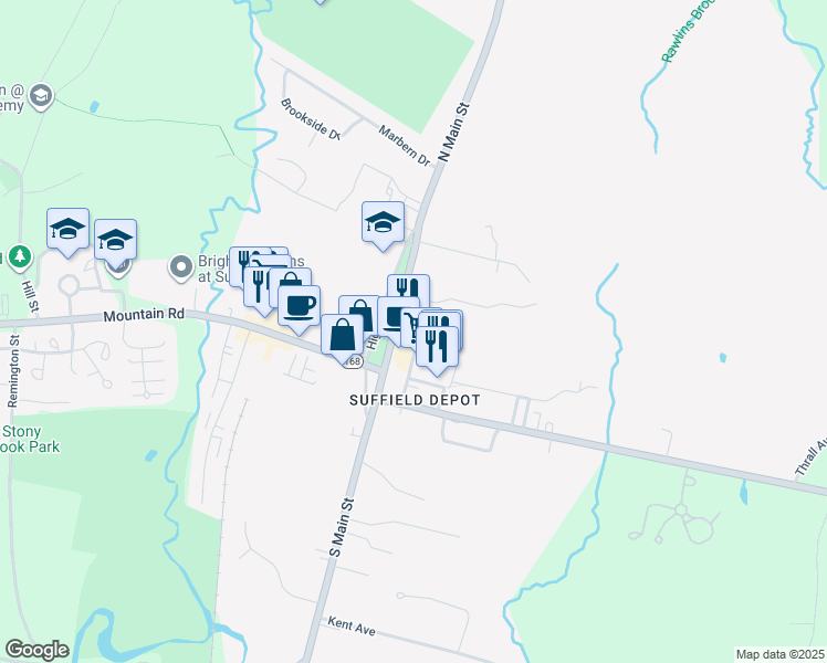 map of restaurants, bars, coffee shops, grocery stores, and more near 82 North Main Street in Suffield