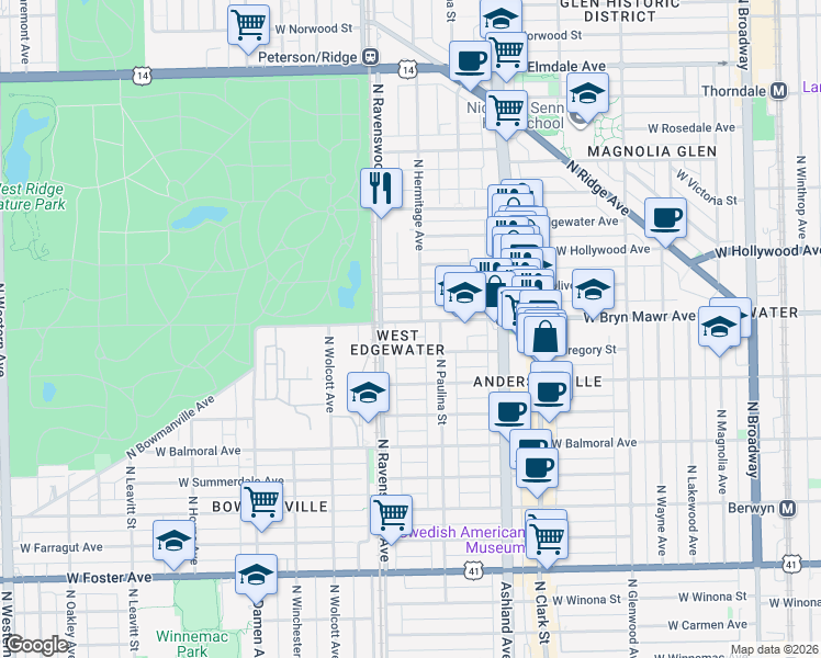 map of restaurants, bars, coffee shops, grocery stores, and more near 1727 West Bryn Mawr Avenue in Chicago