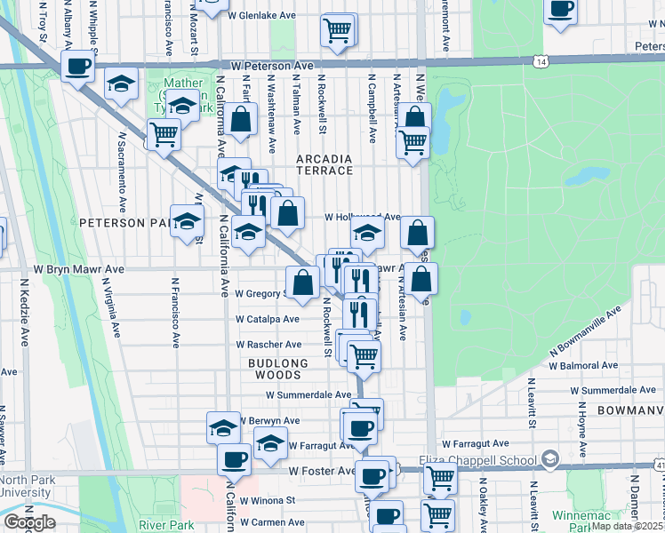 map of restaurants, bars, coffee shops, grocery stores, and more near 2600 West Bryn Mawr Avenue in Chicago