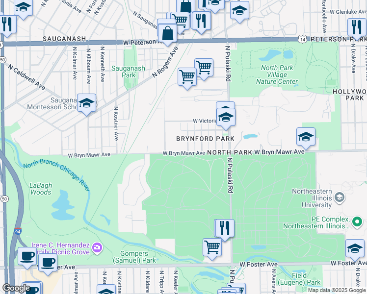 map of restaurants, bars, coffee shops, grocery stores, and more near 5623 North Kedvale Avenue in Chicago