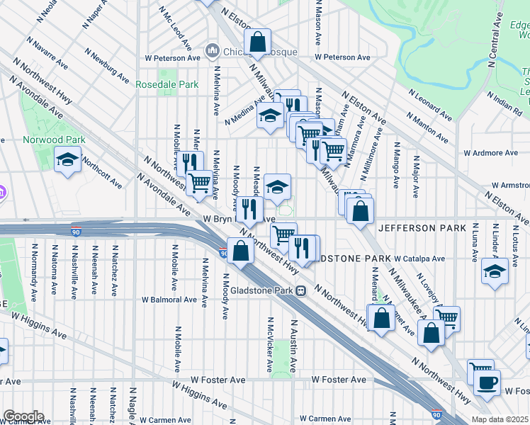 map of restaurants, bars, coffee shops, grocery stores, and more near 5619 North Meade Avenue in Chicago