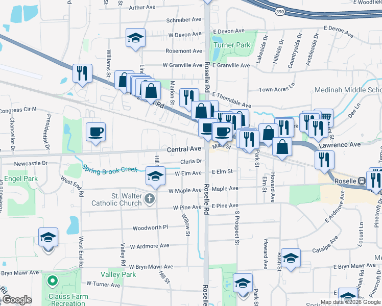 map of restaurants, bars, coffee shops, grocery stores, and more near 44 Central Avenue in Roselle