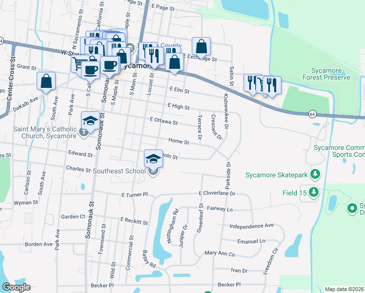 map of restaurants, bars, coffee shops, grocery stores, and more near 360 1/2 Home Street in Sycamore