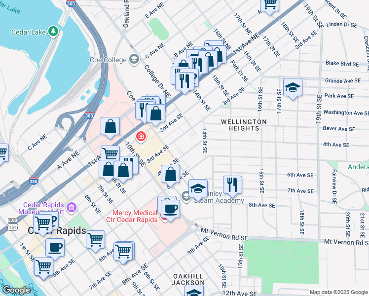 map of restaurants, bars, coffee shops, grocery stores, and more near 1237 3rd Avenue Southeast in Cedar Rapids