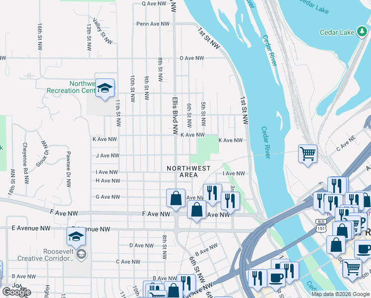 map of restaurants, bars, coffee shops, grocery stores, and more near 1123 Ellis Boulevard Northwest in Cedar Rapids