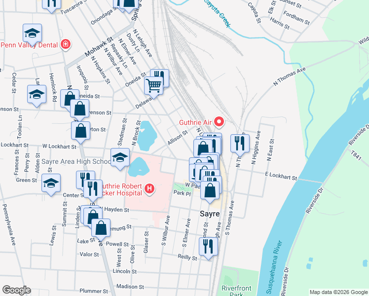 map of restaurants, bars, coffee shops, grocery stores, and more near 107 North Elmer Avenue in Sayre