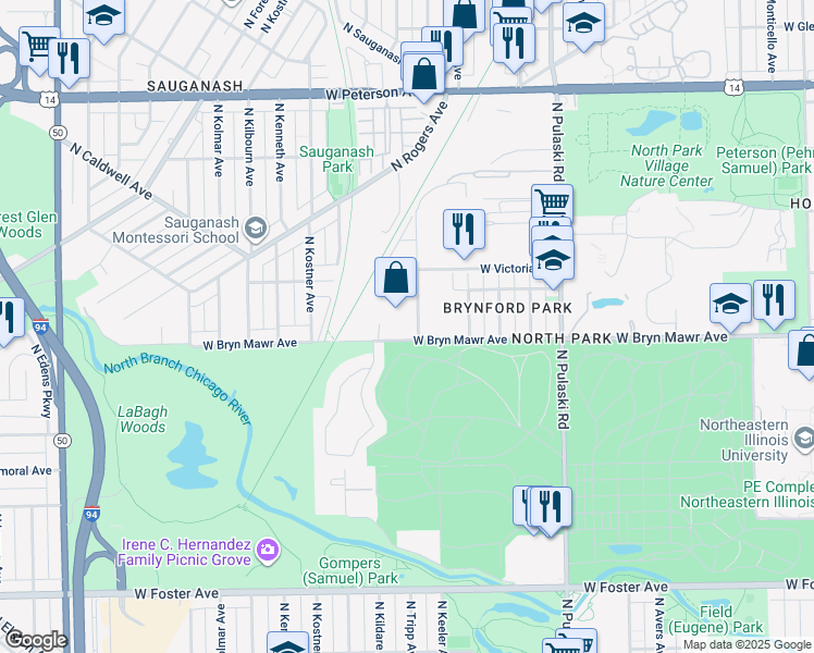 map of restaurants, bars, coffee shops, grocery stores, and more near 4242 W Bryn Mawr Ave in Chicago