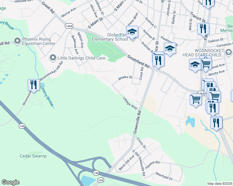 map of restaurants, bars, coffee shops, grocery stores, and more near 18 Village Way in North Smithfield