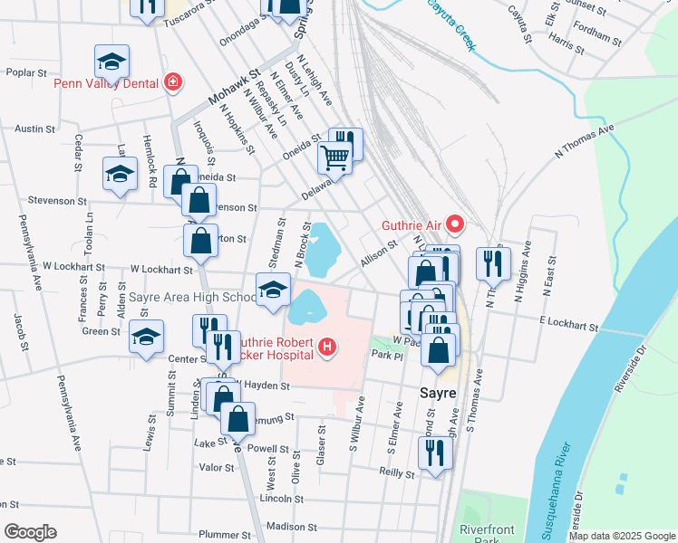 map of restaurants, bars, coffee shops, grocery stores, and more near 308 Allison Street in Sayre