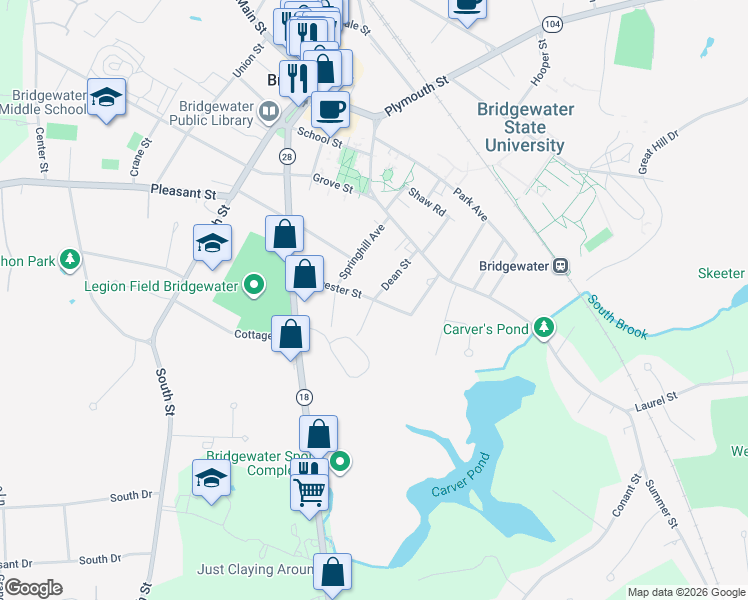map of restaurants, bars, coffee shops, grocery stores, and more near 70 Dean Street in Bridgewater