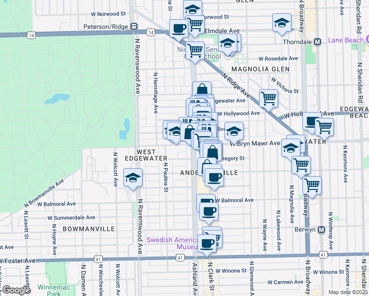 map of restaurants, bars, coffee shops, grocery stores, and more near 1619 West Bryn Mawr Avenue in Chicago