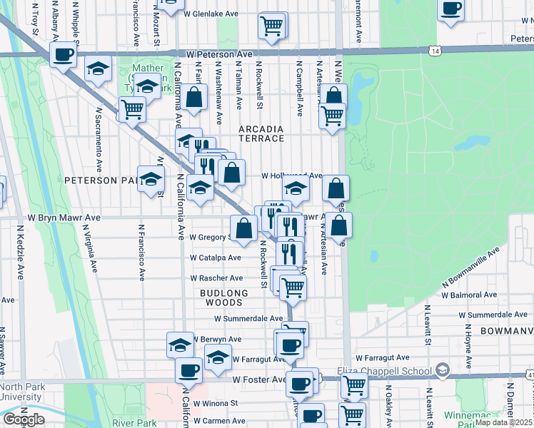 map of restaurants, bars, coffee shops, grocery stores, and more near 2600 West Bryn Mawr Avenue in Chicago