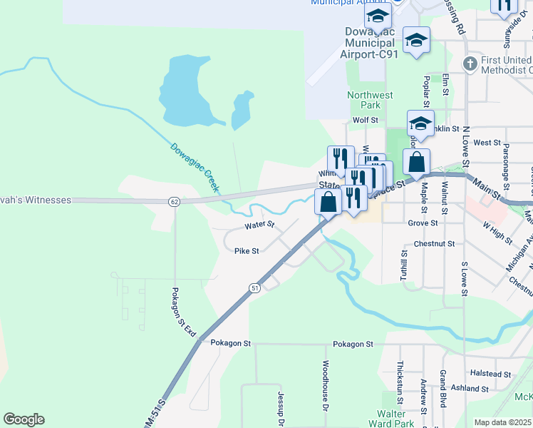 map of restaurants, bars, coffee shops, grocery stores, and more near 29148 Water Street in Dowagiac