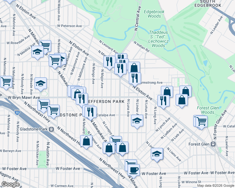 map of restaurants, bars, coffee shops, grocery stores, and more near 5617 North Central Avenue in Chicago