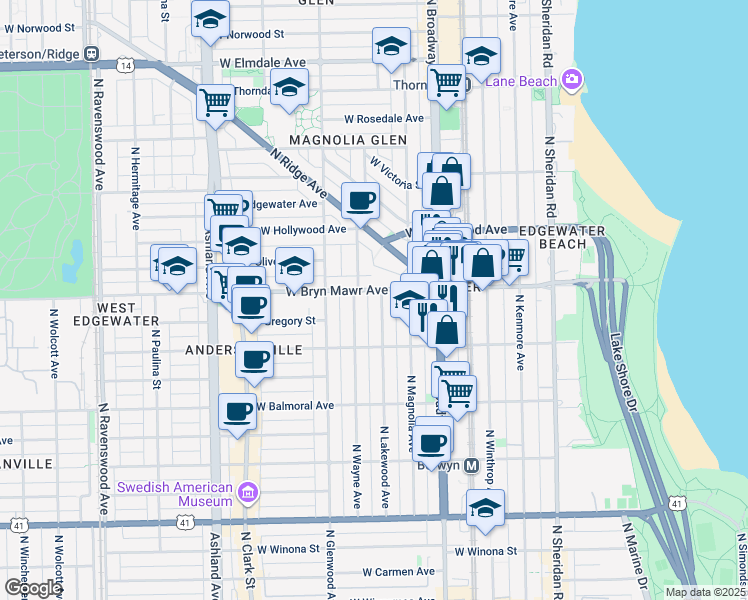 map of restaurants, bars, coffee shops, grocery stores, and more near 5552 North Lakewood Avenue in Chicago