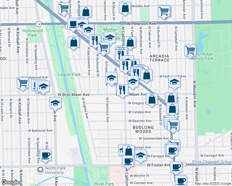 map of restaurants, bars, coffee shops, grocery stores, and more near 5606 North Mozart Street in Chicago