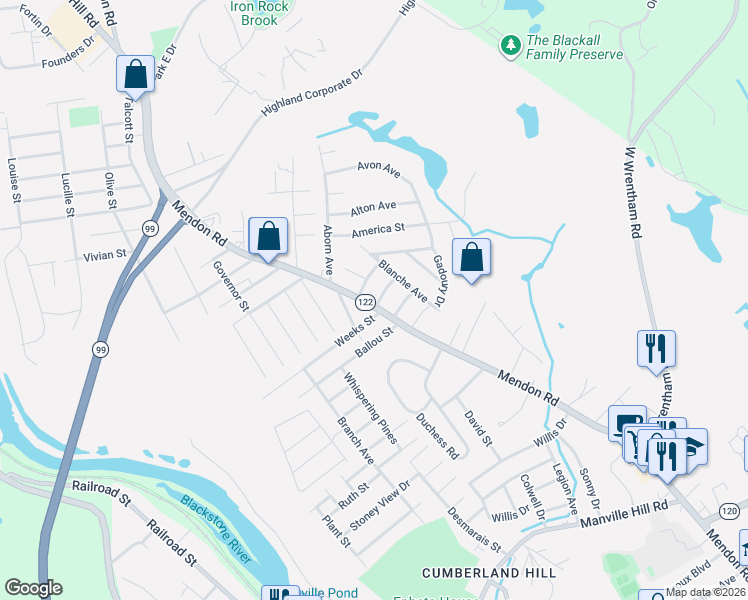 map of restaurants, bars, coffee shops, grocery stores, and more near 3883 Mendon Road in Cumberland