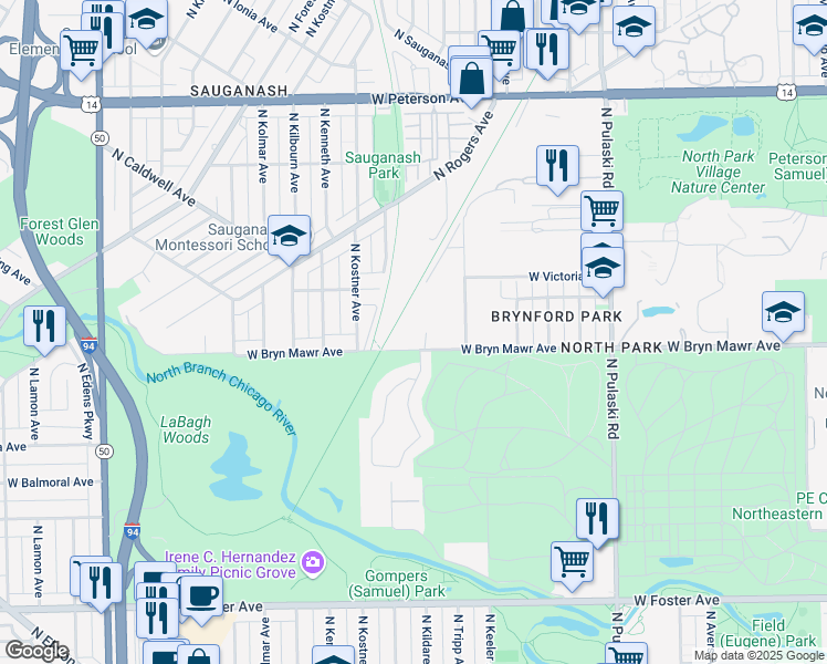 map of restaurants, bars, coffee shops, grocery stores, and more near 4300 West Bryn Mawr Avenue in Chicago