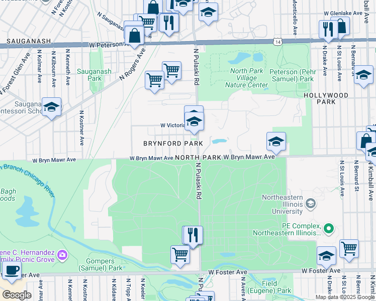 map of restaurants, bars, coffee shops, grocery stores, and more near 5622 North Pulaski Road in Chicago