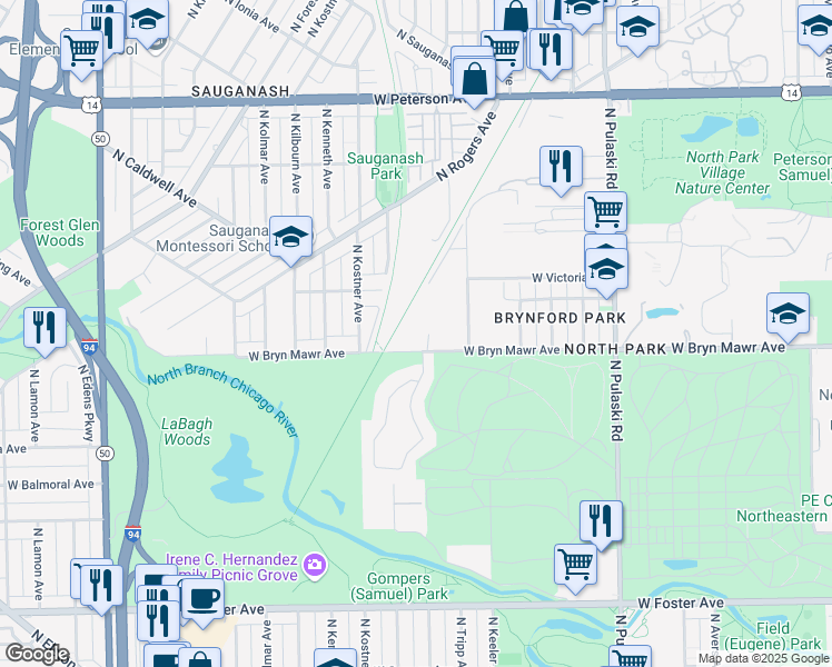 map of restaurants, bars, coffee shops, grocery stores, and more near 4300 West Bryn Mawr Avenue in Chicago