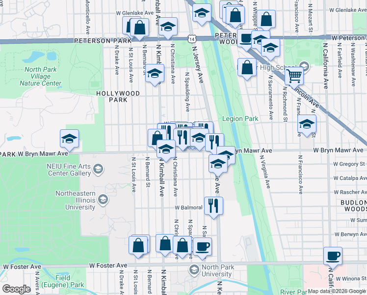 map of restaurants, bars, coffee shops, grocery stores, and more near 3310 West Bryn Mawr Avenue in Chicago