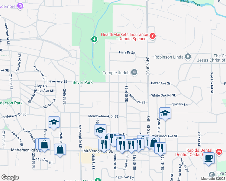 map of restaurants, bars, coffee shops, grocery stores, and more near 3006 Iowa Avenue Southeast in Cedar Rapids