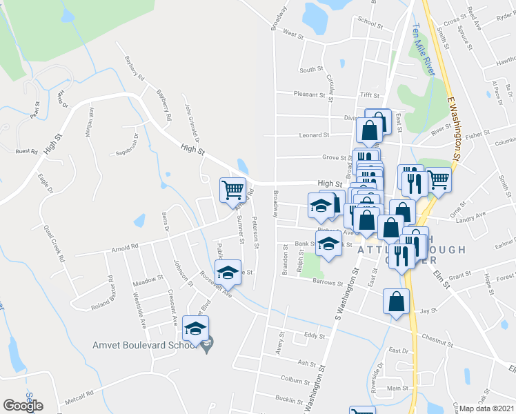 map of restaurants, bars, coffee shops, grocery stores, and more near 320 Broadway in North Attleborough