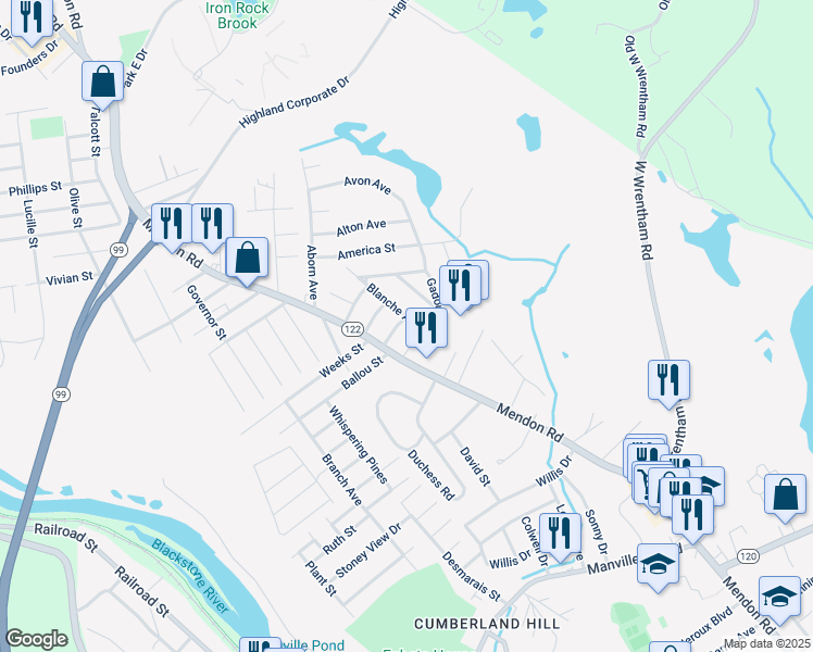 map of restaurants, bars, coffee shops, grocery stores, and more near 22 Blanche Avenue in Cumberland