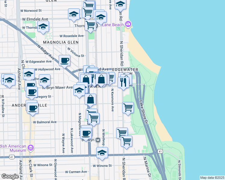map of restaurants, bars, coffee shops, grocery stores, and more near 1039 West Bryn Mawr Avenue in Chicago