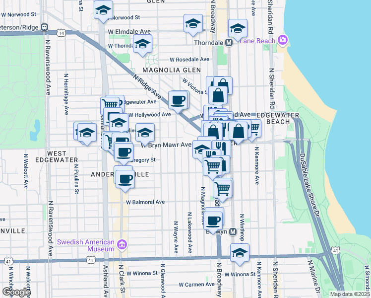 map of restaurants, bars, coffee shops, grocery stores, and more near 5558 North Lakewood Avenue in Chicago