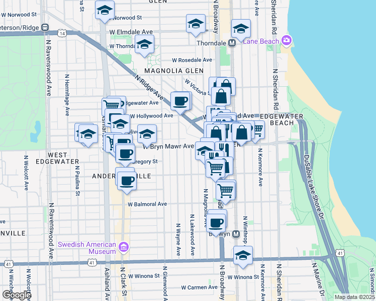 map of restaurants, bars, coffee shops, grocery stores, and more near 5552 North Lakewood Avenue in Chicago