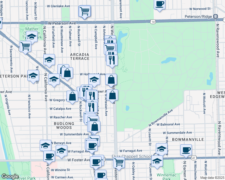 map of restaurants, bars, coffee shops, grocery stores, and more near 5616 North Western Avenue in Chicago
