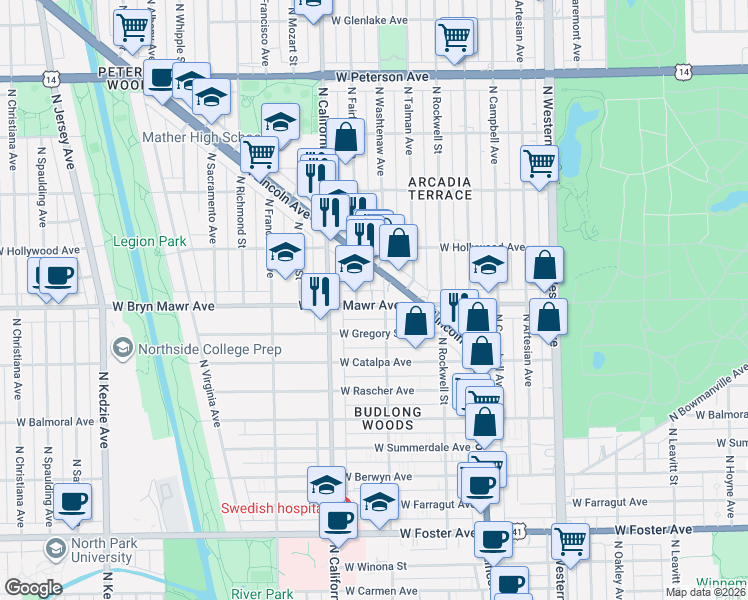map of restaurants, bars, coffee shops, grocery stores, and more near 2716 West Bryn Mawr Avenue in Chicago