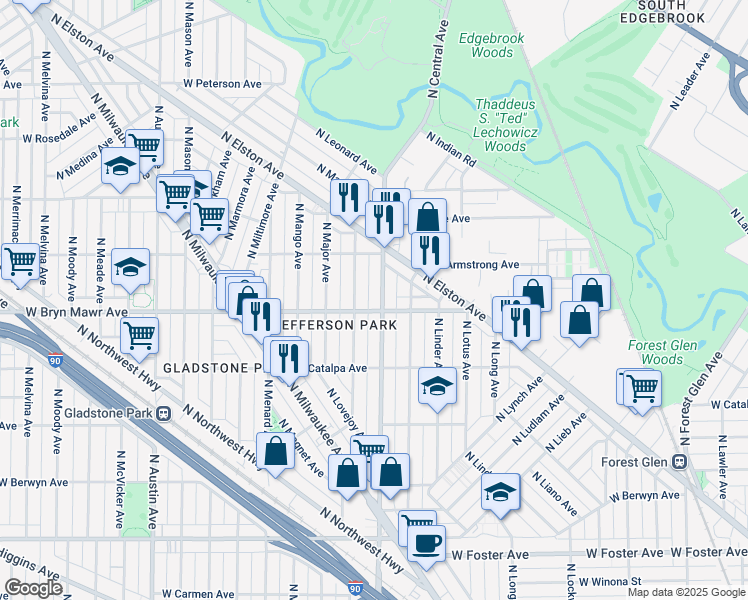 map of restaurants, bars, coffee shops, grocery stores, and more near 5617 North Central Avenue in Chicago