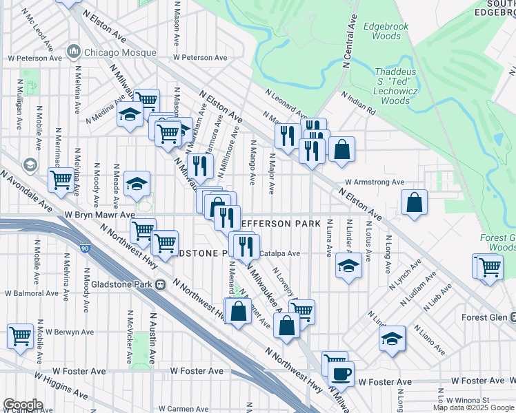 map of restaurants, bars, coffee shops, grocery stores, and more near 5614 North Major Avenue in Chicago