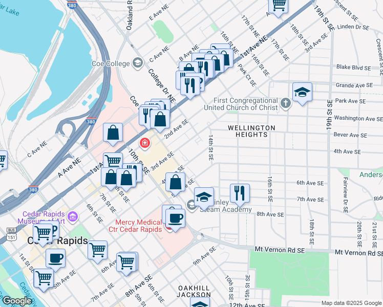 map of restaurants, bars, coffee shops, grocery stores, and more near 1237 3rd Avenue Southeast in Cedar Rapids