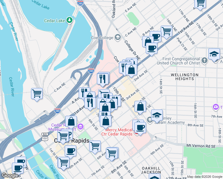 map of restaurants, bars, coffee shops, grocery stores, and more near 838 1st Avenue Northeast in Cedar Rapids