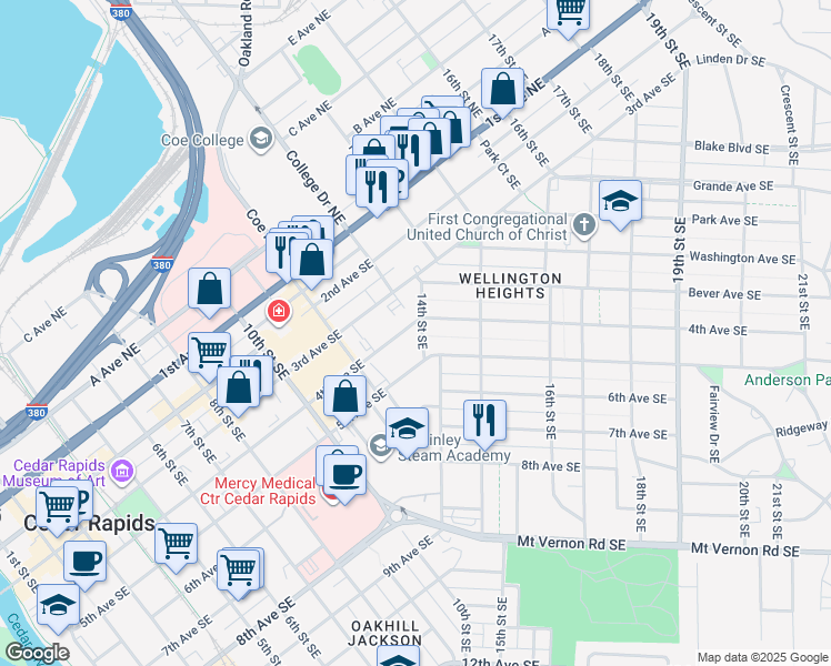 map of restaurants, bars, coffee shops, grocery stores, and more near 1261 4th Avenue Southeast in Cedar Rapids