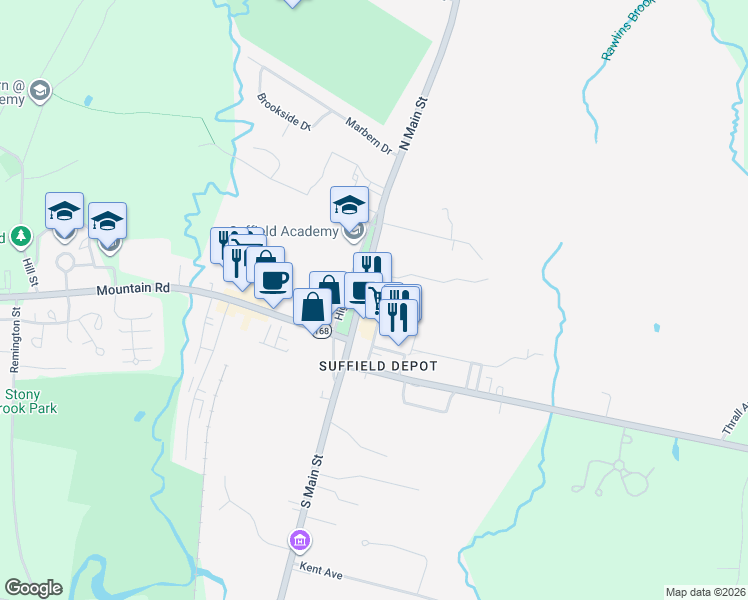 map of restaurants, bars, coffee shops, grocery stores, and more near 82 North Main Street in Suffield