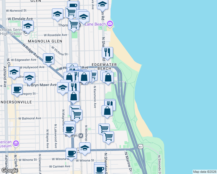 map of restaurants, bars, coffee shops, grocery stores, and more near 5555 North Sheridan Road in Chicago