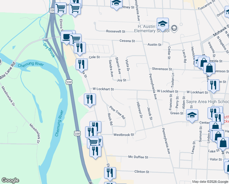 map of restaurants, bars, coffee shops, grocery stores, and more near 101-199 Vallilee Place in Sayre