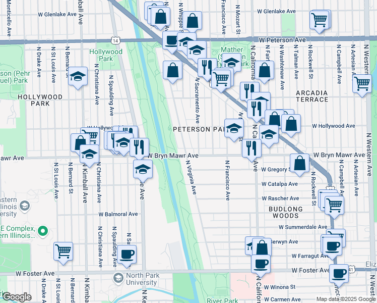 map of restaurants, bars, coffee shops, grocery stores, and more near 5611 North Virginia Avenue in Chicago