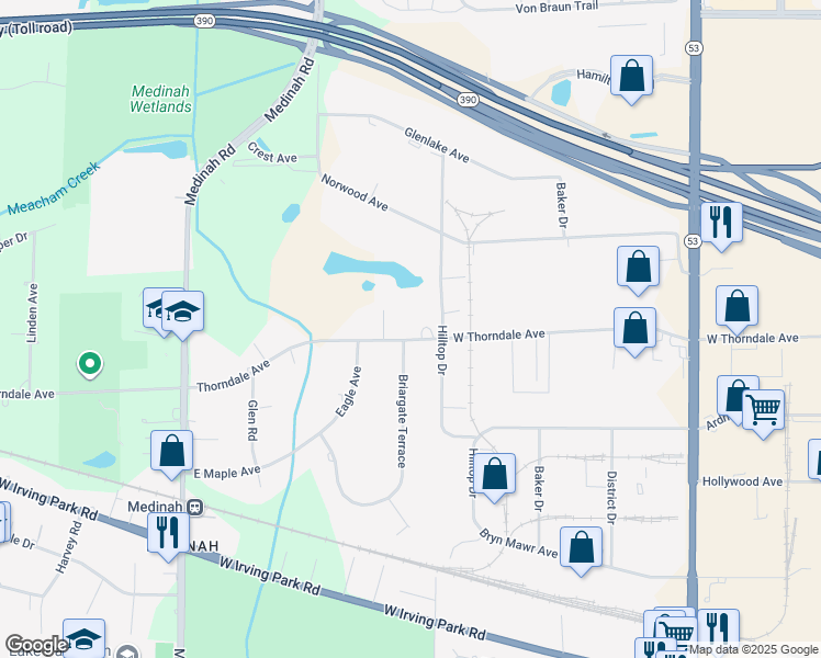 map of restaurants, bars, coffee shops, grocery stores, and more near 21W442 Thorndale Avenue in Medinah