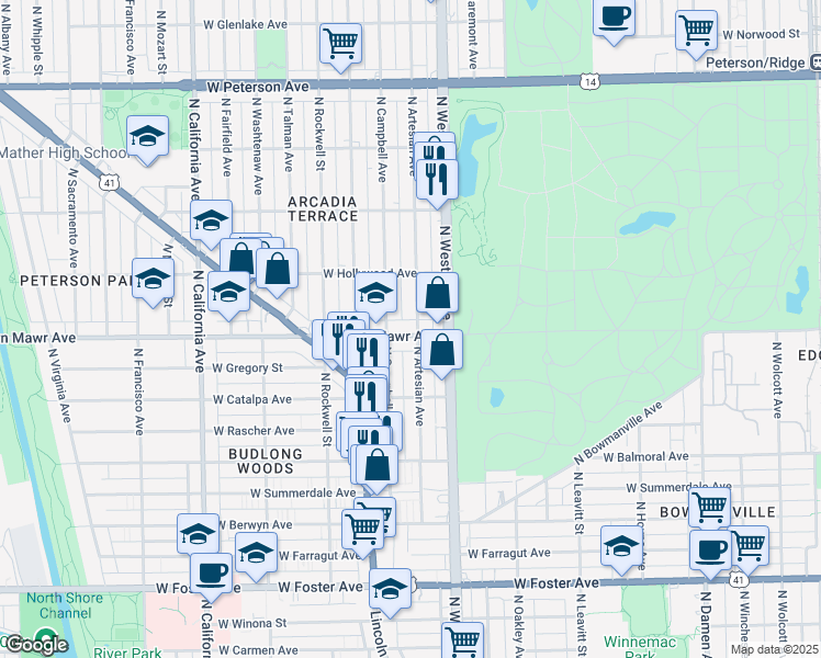 map of restaurants, bars, coffee shops, grocery stores, and more near 2452 West Bryn Mawr Avenue in Chicago