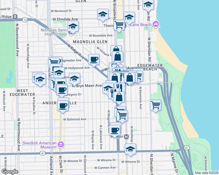 map of restaurants, bars, coffee shops, grocery stores, and more near 5553 North Magnolia Avenue in Chicago