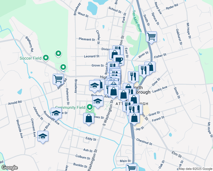 map of restaurants, bars, coffee shops, grocery stores, and more near 19 Church Street in North Attleborough